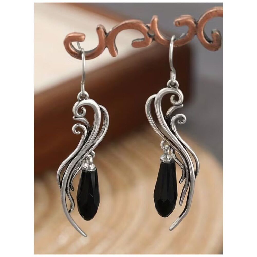Silver & Black Bohemian-Style Earrings Wavy Pendant Art Deco Balinese Dangles